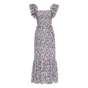 ANNA CATE Giselle Dress Blue Pink Floral Block Print Ruffle Smocked Maxi